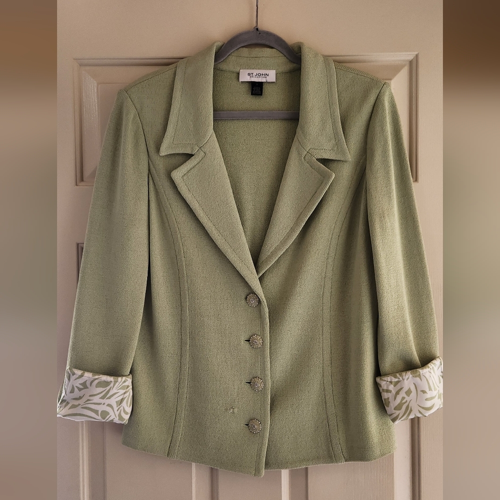 St. John Collection Sage Green Knit Blazer, Silk Cuffs, Size 12+